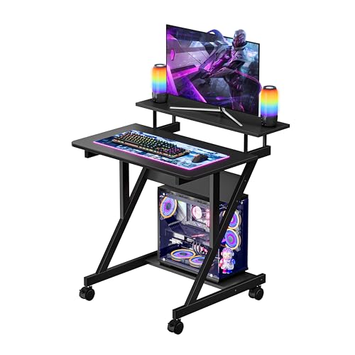 Dripex Computer Desk for Small Spaces, 27.5 inch Small Computer Desk, 3 Tier Compact Desk with Monitor Shelf and Bottom Storage Shelves, Space Saving Desk, Black - color: Black