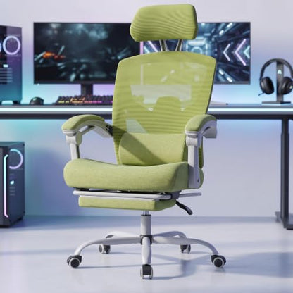DUMOS Gaming Chair with Footrest, Home Office Desk Chair | High-Back Mesh Rolling Swivel with Wheels, Comfy Headrest, Arms, Lumbar Support, Elegant Green - color: Elegant Green, size: 23"D x 20"W x 50.75"H