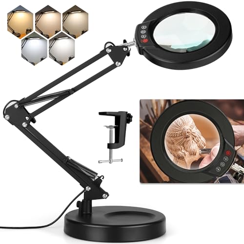 12X Magnifying Glass with Light, Krstlv Upgrade Button 5 Color Modes Stepless Dimmable 2-in-1 LED Lighted Desk Lamp & Clamp, Hands Free Magnifier with Light and Stand for Craft Hobby Repair Close Work - color: Black, size: 12X 17.8inch Base & Clamp