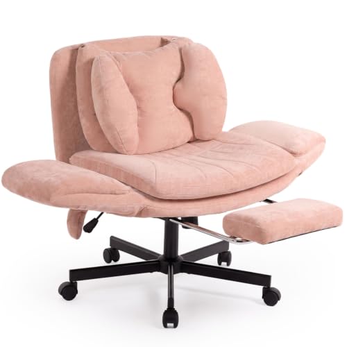 Criss Cross Office Chair with Footrest and 5-Gear Adjustable Arms, Pink | Wide seat cross-legged desk chair, flip lumbar pillow, airbag support, linen fabric, for home office, vanity and meditation - color: Pink-linen