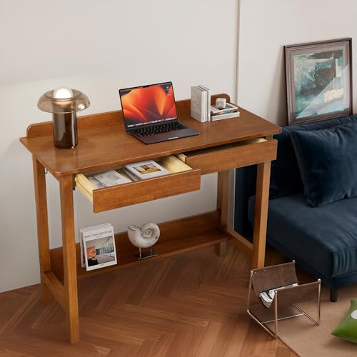 Solid Wood Desk with Drawers, 39 x 16 Inch Narrow Desk with 2 Drawers, Bookshelf & 2 Hooks, Writing & Computer Desk for Small Spaces, Mid Century Modern Desk - Walnut - color: Walnut, size: 39.4 in W x 15.7 in D