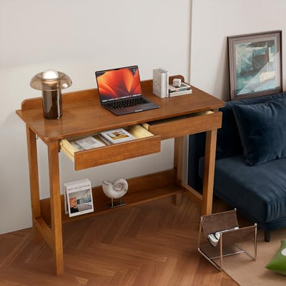 Solid Wood Desk with Drawers, 39 x 16 Inch Narrow Desk with 2 Drawers, Bookshelf & 2 Hooks, Writing & Computer Desk for Small Spaces, Mid Century Modern Desk - Walnut - color: Walnut, size: 39.4 in W x 15.7 in D