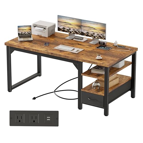 Mericonia 63" Computer Desk with Drawer, 1.2" Thick Reversible Office Desk - color: Brown, size: 63"D,1.2"T