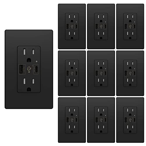 Micmi USB C Outlet PD 24W Power Delivery Type C + A Receptacle 4.8A, Receptacle 15 A 125 Volt Tamper-Resistant w/Screwless Wall Plate UL Listed (10Pack, Black, 15 Amp Outlet) - color: Black, size: 15 Amp Outlet