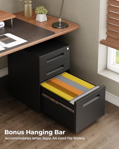 Dripex 3 Drawer Metal Rolling File Cabinet Under Desk Filing Cabinet Black | 15"W x 18"D x 24"H, Lockable, 5 Wheels, Fully Assembled, Letter/Legal Size, Suitable for Home Office - color: Black