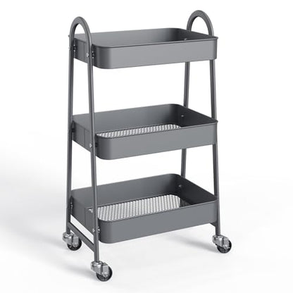 NEWBULIG 3-Tier Metal Rolling Storage Utility Cart with Lockable Wheels - color: Gray, size: 3 Tier