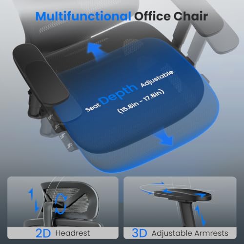 OdinLake L1 Ergo Upgrade 518 Black Ergonomic Mesh Office Chair – Big & Tall 350lbs, Dynamic Lumbar Support, Adjustable Height, Seat Depth, Headrest, Armrests, BIFMA Certified Desk Chair - color: Black