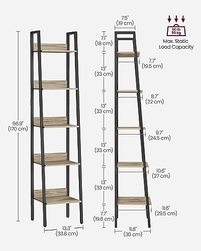 VASAGLE Bookshelf, 5-Tier Narrow Bookcase, Ladder Shelf | For Home Office, Living Room, Bedroom, Kitchen, Camel Brown and Matte Black, BARNET Collection ULLS109B50V2 - color: Camel Brown + Ink Black, size: 5 Tiers (13.3"W), style: With back panels