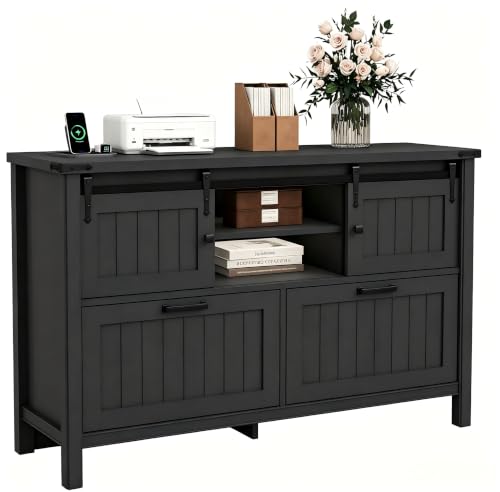 Farmhouse File Cabinet for Legal/ A4 /Letter Size, Black | Filling Cabinet Printer Stand with Outlets & USB Ports for Home Office, Remote Work, Entryway, Sliding Doors & 2 Drawers - color: Black