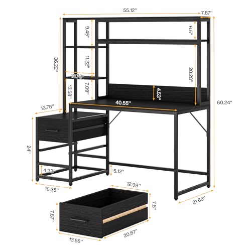Tribesigns 55 Inch Computer Desk with 2 Drawers and Storage Shelves, Rustic Office Desk with Hutch, Study Writing Gaming Table Laptop Workstation for Home Office (Black) - color: Black