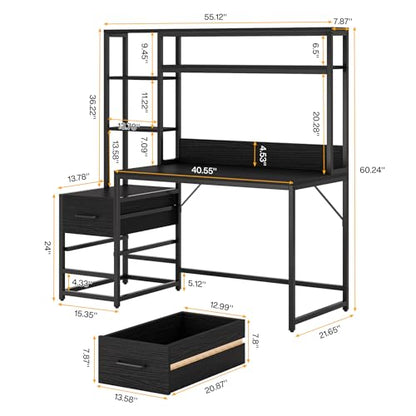 Tribesigns 55 Inch Computer Desk with 2 Drawers and Storage Shelves, Rustic Office Desk with Hutch, Study Writing Gaming Table Laptop Workstation for Home Office (Black) - color: Black