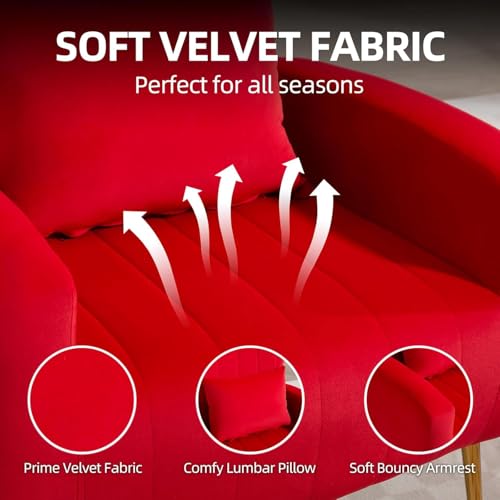 Velvet Accent Arm Chair, Mid-Century Modern Living Room Chair, Wingback Bedroom Side Chair with Gold Legs & Pillow, Button-Tufted, Red - color: Red, size: 2PCS with Channel Tufted