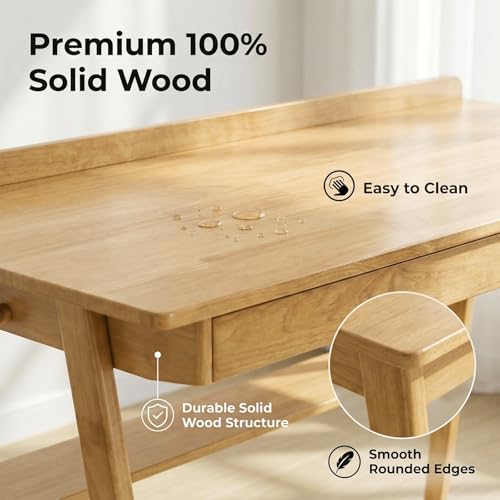 KEIKI Solid Wood Writing Desk with Drawers, 47" Computer Desk with Shelf for Home Office Work, Study, Natural - color: Natural W/Shelf