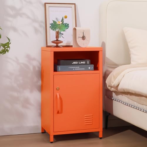 ALBAD Metal Nightstand with Lockable Cabinet | Industrial Bedside Table with Open Shelf, Small Storage Locker Side Table for Bedroom, Living Room, Dorm and Office, Orange - color: Orange, size: 26"H-Lockable Door