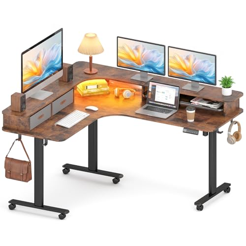 2-Tier L Shaped Electric Standing Desk with Drawers, 63 x 55 Height Adjustable Desk with Memory Controller, Storage, Corner Desk Sit Stand up Computer Table for Home Office,Rustic Brown - color: Brown, size: 63×55 Inch L-shaped with Drawers