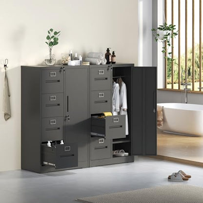 4 Drawer File Cabinet with Lock & 1 Door, Metal Storage Unit with Shelves and Hanging Rod, Vertical Filing Cabinet for Home Office, Fits Letter/Legal/A4/F4, Easy Assembly (Black) - color: Black