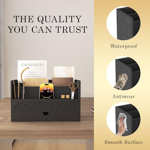 Wisuce Bamboo Mail Organizer with Drawer, Countertop Desk Organizer(Black) | Made from Natural Bamboo Multi-Compartment Design Built-In Drawer No Assembly Required - color: 1 Black