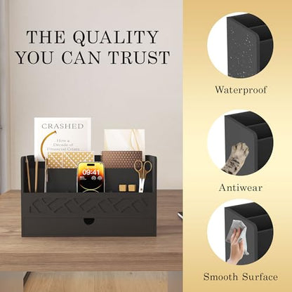 Wisuce Bamboo Mail Organizer with Drawer, Countertop Desk Organizer(Black) | Made from Natural Bamboo Multi-Compartment Design Built-In Drawer No Assembly Required - color: 1 Black