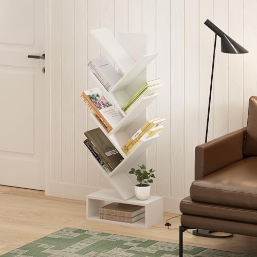 Furinno Tree Book Shelf, 7-Tier Bookshelf, Tree Bookcase with Bottom Shelf, 8.4 x 16.9 x 46.2, for Living Room, Bedroom, Home Office, White - color: White, size: 7-Tier Tree with Bottom Shelf
