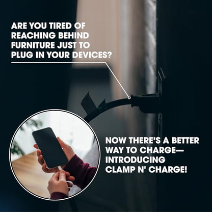 Clamp N Charge USB Charging Station for Lamp Cords, No Outlet, No Rewiring | DIY install in under a minute with a Phillips screwdriver; fits flat lamp cords, charges 2 devices, USB-C adapter included
