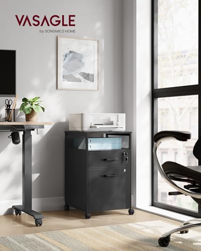 VASAGLE File Cabinet, Mobile Filing Cabinet with Wheels, 2 Lockable Drawers, Open Shelf, for A4, Letter Size, Hanging File Folders, Ink Black UOFC077B16 - color: Ink Black, size: with Lock and Fences