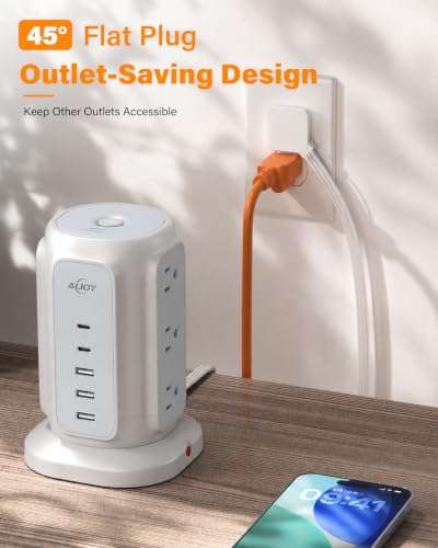 AiJoy 10FT Flat Plug Power Strip Tower with 9 AC Outlets and 5 USB Ports - color: White-10FT