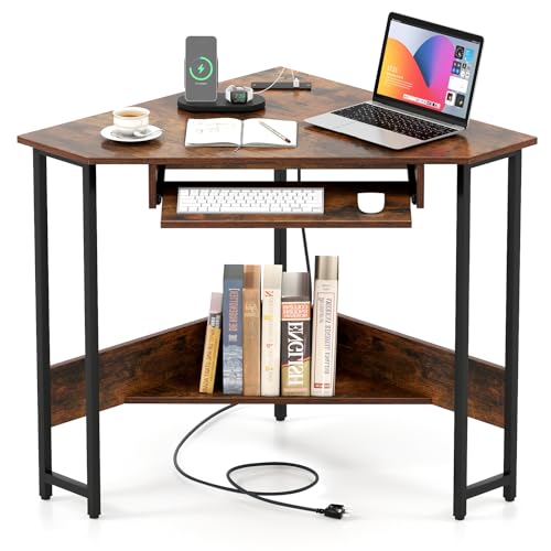 Tangkula Corner Desk with Keyboard Tray, 90-Degree Triangle Corner Computer Desk for Small Space, Industrial Writing Desk with Storage Shelf, Space-Saving Laptop PC Desk (Rustic Brown)