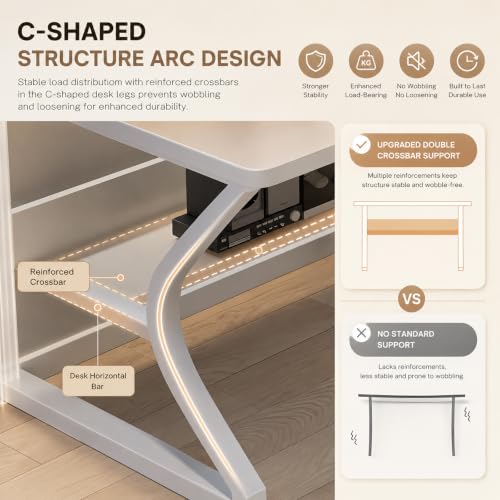 Office Desk with Storage Shelf - 55.1" Computer Writing Desk - color: White, size: 55.1 x 19.7
