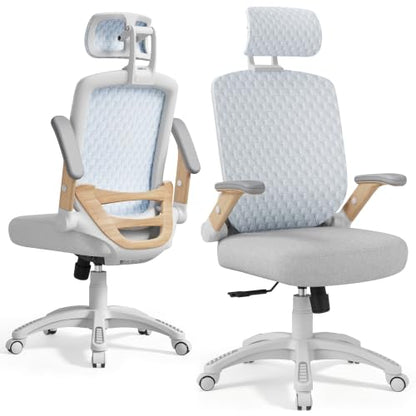 Ergonomic Office Chair, High Back Home Desk Chair with Flip-Up Arms, 3D Headrest, 90-120° Tilt and Wide Cushion Seat, Big and Tall Computer Chairs for Man Woman, Mesh Chair Black Woodgrain - color: Natural Wood