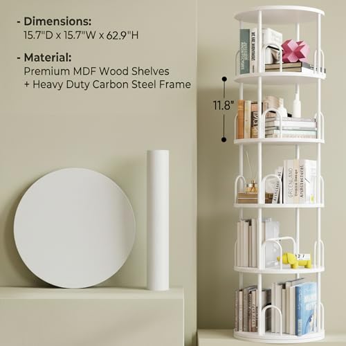 5 Tier Rotating Bookshelf, Corner Wooden, Metal Skinny Bookshelf for Toy Lego Dispaly Book Shelf Room Storage Organizer Furniture White Tall Bookcase for Bedroom Living Room Office Kitchen Shelf - color: White, size: 5 Tiers