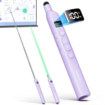 N21 Bluetooth Presentation Clicker for PowerPoint with Retractable Pointer | ①Laser Pointer②Telescopic touch pen③Countdown timer, vibration alert ④Customizable Button ⑤Rechargeable;battery level display - color: Purple - Green Pointer
