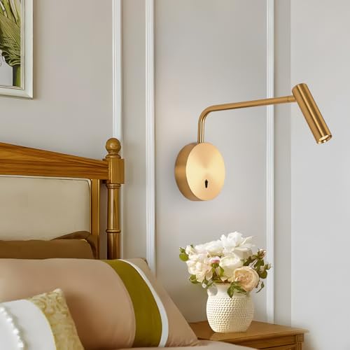 ZEROUNO Wall Mounted LED Reading Light for Bedroom Hardwired Wall Sconce with Switch on/Off Modern 3000K Swing Arm Bedside Wall Mount Lamp (Antique Bronze) - color: Gold