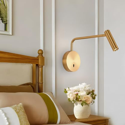 ZEROUNO Wall Mounted LED Reading Light for Bedroom Hardwired Wall Sconce with Switch on/Off Modern 3000K Swing Arm Bedside Wall Mount Lamp (Antique Bronze) - color: Gold