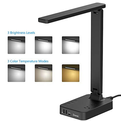 Drevet LED Desk lamp with USB C Charging Port, Table Light with 3 USB Charger and 2 AC Power Outlet, 3 Color Model, 3 Level Brightness, Touch Control, Memory Function, Eye-Caring Office Foldable Lamp - color: Gray