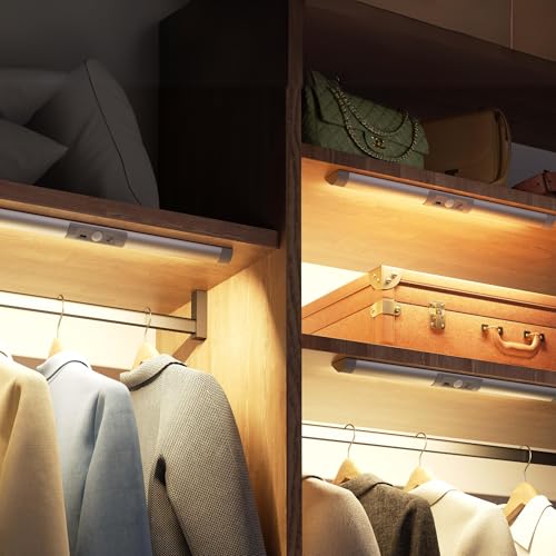 Joyzy Automatic Motion Sensor Closet Lighting with Eye-Protection Design, LED Closet Lights for Stair Step Wireless Light, Rechargeable Wardrobe Pantry Lights (2pack with Warm Lighting) - color: Silver