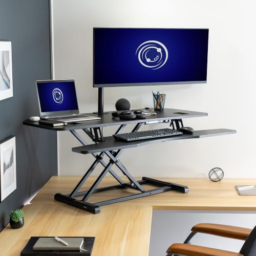 VIVO 48" Extra Large Corner Desk Riser, Pneumatic Sit-Stand Desk Converter, Dual Monitor Keyboard Tray, Grommet, Cable Management, Anti-Slip, Black, DESK-V048KL - size: 48"