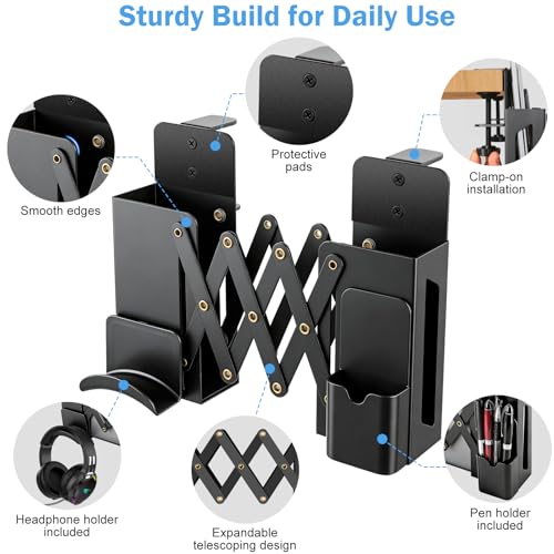 Desk Side Storage，Under Desk Clamp-on Vertical Laptop Holder,7-17 Inch Length Adjustable with Pen & Headphone Holder,No Drill Storage Shelf for Desk，Fits Table Edge 0.4" to 2.3"(Black)