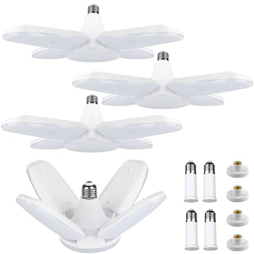 Yiliaw LED Garage Light 4 Pack 60W 6000LM Shop Lights with 4 Lamp Holder & 4 Socket Extender, 6500K Daylight Deformable Ceiling Light Fixture, Screw in Garage Lights for Basement Warehouse Office - size: New 4 pack