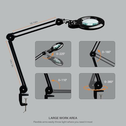 Magnifying Lamp with Clamp, 6-Inch Replaceable Lenses, Black | Includes detachable 3D & 5D glass lenses with 120 LEDs, 3 color temperatures, and 1200LM illumination