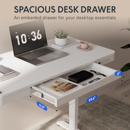 FLEXISPOT Comhar 48" Electric Standing Desk with Drawers, USB Charging Ports, Quick Assembly, Height Adjustable Sit Stand Computer Desk with Child Lock for Modern Minimalist Home Office, White - size: 48"White
