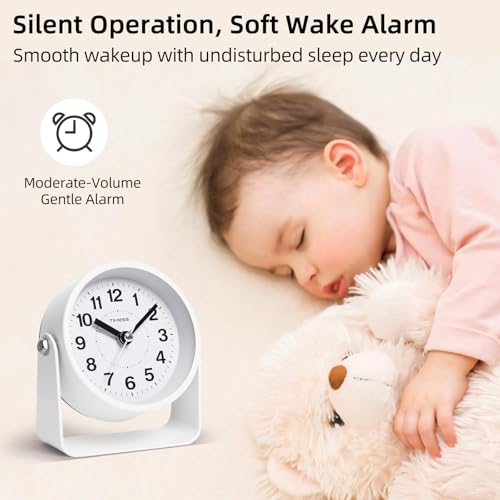 TIMESS Analog Alarm Clock with Snooze & Light, Silent Non-Ticking, White | On-demand light, quartz movement, battery operated, easy to set, gentle wake alarm, bedside clock for home, travel, or office - color: White