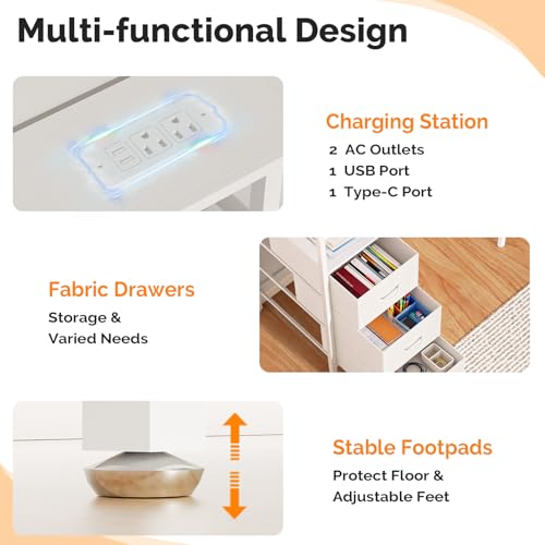 VINGLI 47" L-Shaped Home Office Desk, Fabric Drawers, Storage Shelves - color: White, size: 47 Inch