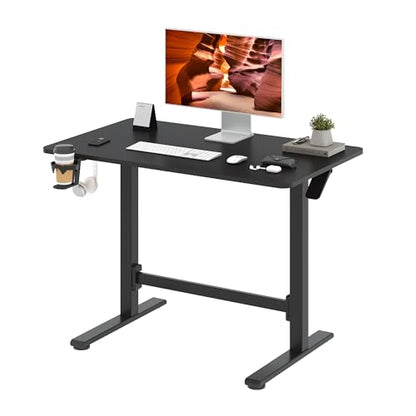 40''Pneumatic Standing Desk,Onepiece Adjustable Height Home Office | Black 39.4" x 23.6" Home Desk Rolling Computer Workstation with Hooks & Cup Holder,Hidden Casters - color: Black, size: 4024