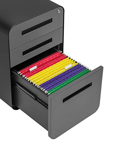 Laura Davidson Furniture Stockpile 3 Drawer File Cabinet with Lock - Under Office Desk Metal Filing Cabinet, Legal/Letter File Folders, Wheels and Stationary Feet, Pre-Assembled, Black/Grey - color: Black/Grey