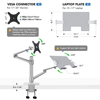 Viozon Monitor and Laptop Mount, 2-in-1 Adjustable Dual Arm Desk Mounts Single Desk Arm Stand/Holder for 17 to 32 Inch LCD Computer Screens, Extra Tray Fits 12 to 17 inch Laptops (Silver) - color: Silver