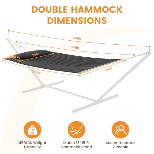Lazy Daze Double Quilted Hammock with Pillow for Outside, Fit 13-15Ft Stand - color: Dark Gray