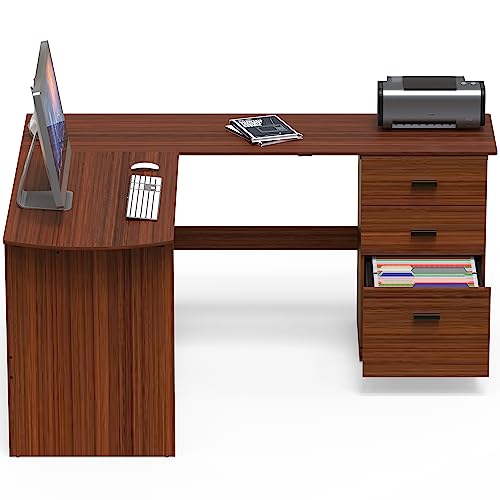 SHW L-Shaped Home Office Wood Corner Desk w/Box Box File Drawers, Walnut | 51 x 59 Inches | 2 Pre-installed Grommets - color: Walnut