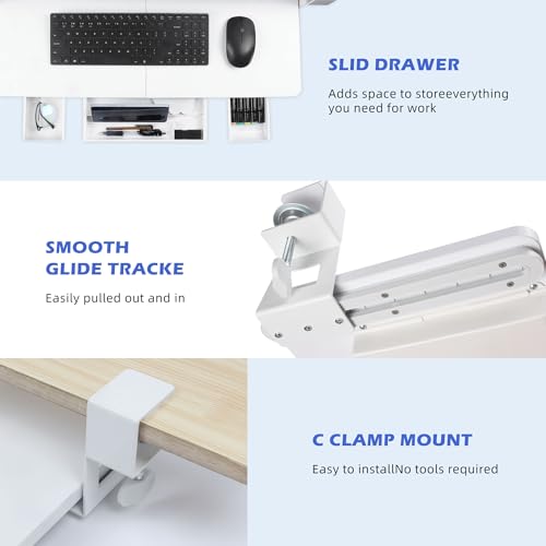 Keyboard Tray Under Desk with Drawer,26.77" X 11.81"Large Size Keyboard Tray with C Clamp-on Mount, Easy to Install, for Home Office (White) - color: White