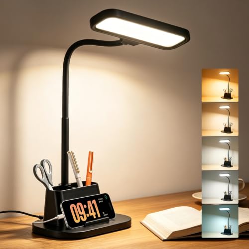 LED Desk Lamp for Dorm Small Desk Lamp with Pen Holder 5 Color Modes Black | Dimmable Touch Control, USB Charging Port, Eye-Caring Reading Light for Home Office Table Study College Room Students - color: Black