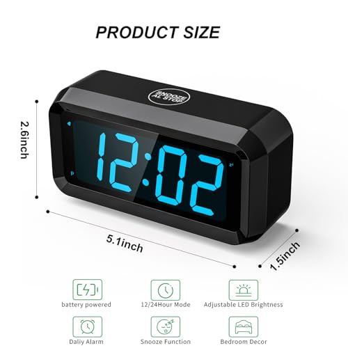 Alarm Clock,Digital Alarm Clock for Bedrooms,Battery Operated Clock,Adjustable 3 Brightness,1.2 inch LED Time Display, 12/24Hr, Cordless,Snooze (Black-Blue led) - color: Black-blue Led